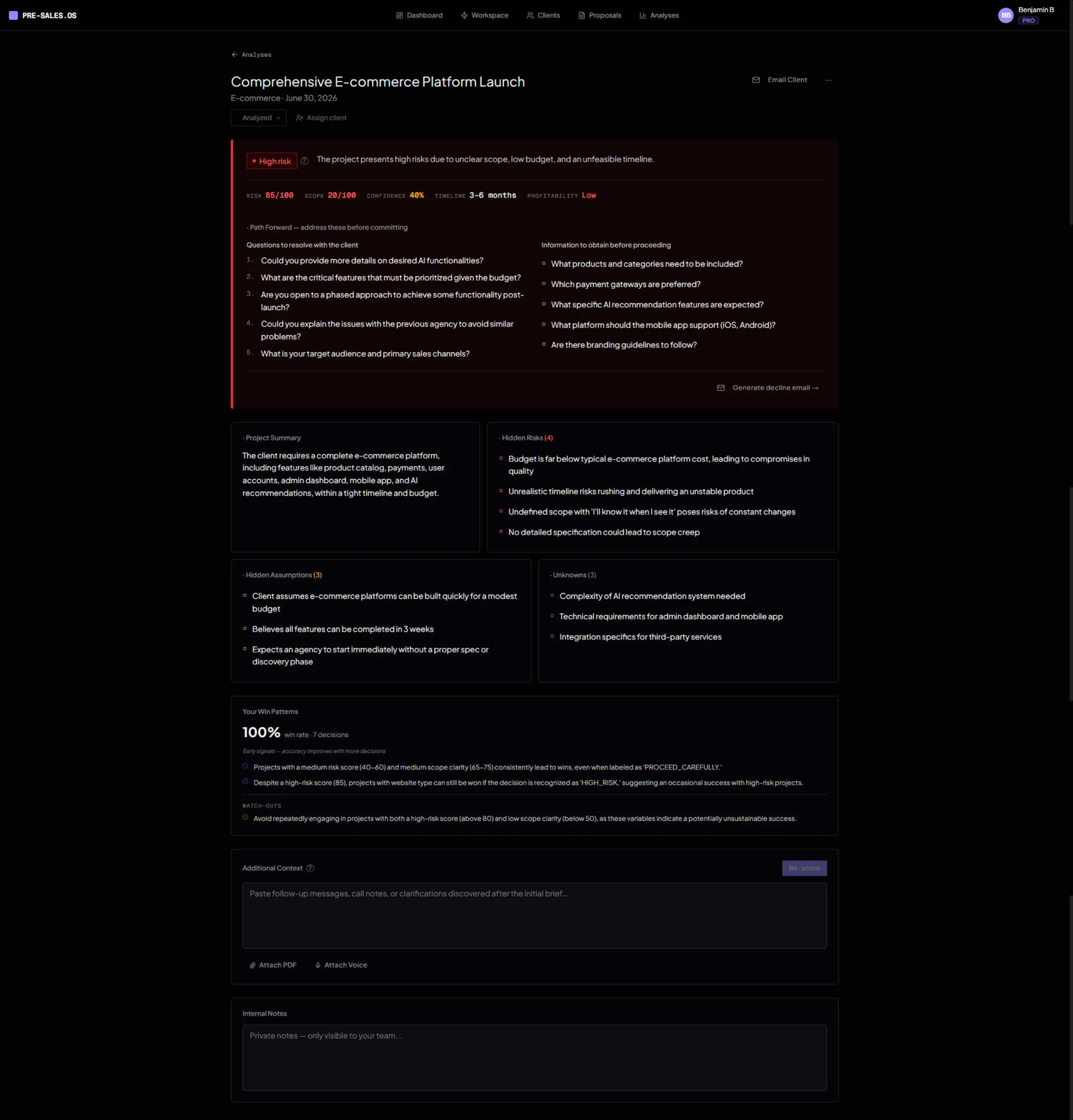 Pre-Sales OS analysis detail — verdict, risk scores, and discovery questions